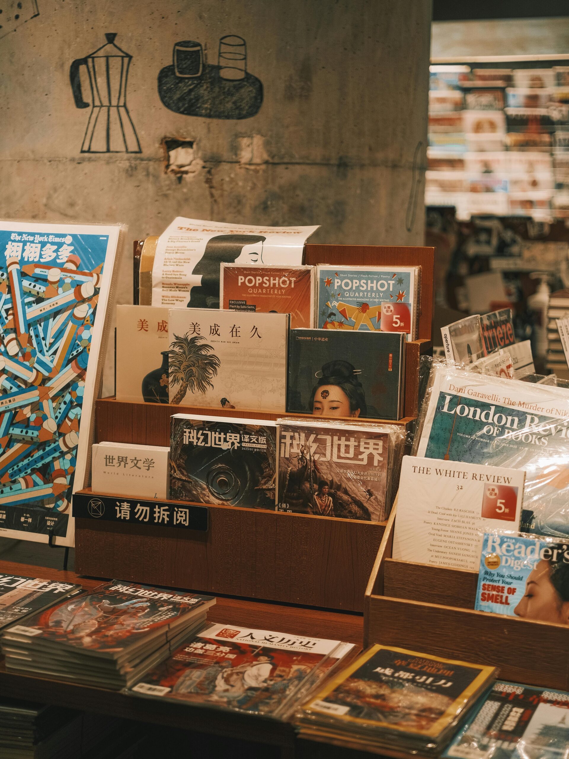 A variety of books and magazines on display in a warm, inviting bookstore.